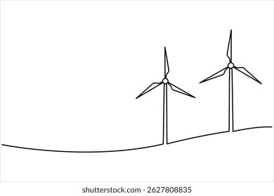  Wind energy in continuous one line art drawing hilly landscape with wind turbines producing electricity. Renewable source of power single line vector illustration