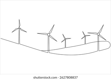  Wind energy in continuous one line art drawing hilly landscape with wind turbines producing electricity. Renewable source of power single line vector illustration