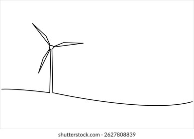  Wind energy in continuous one line art drawing hilly landscape with wind turbines producing electricity. Renewable source of power single line vector illustration