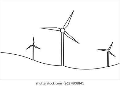  Wind energy in continuous one line art drawing hilly landscape with wind turbines producing electricity. Renewable source of power single line vector illustration