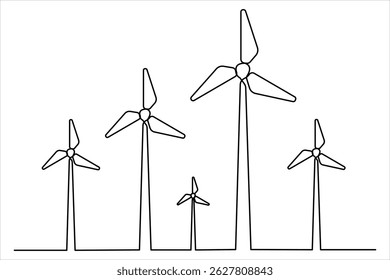  Wind energy in continuous one line art drawing hilly landscape with wind turbines producing electricity. Renewable source of power single line vector illustration