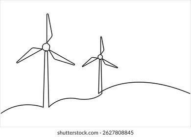  Wind energy in continuous one line art drawing hilly landscape with wind turbines producing electricity. Renewable source of power single line vector illustration