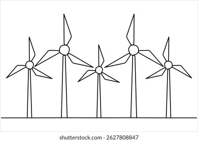  Wind energy in continuous one line art drawing hilly landscape with wind turbines producing electricity. Renewable source of power single line vector illustration