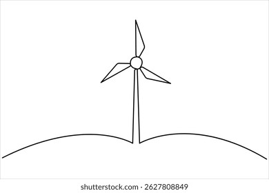  Wind energy in continuous one line art drawing hilly landscape with wind turbines producing electricity. Renewable source of power single line vector illustration