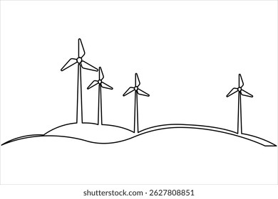  Wind energy in continuous one line art drawing hilly landscape with wind turbines producing electricity. Renewable source of power single line vector illustration