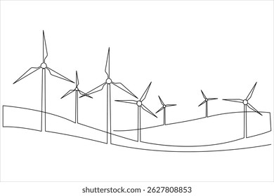  Wind energy in continuous one line art drawing hilly landscape with wind turbines producing electricity. Renewable source of power single line vector illustration