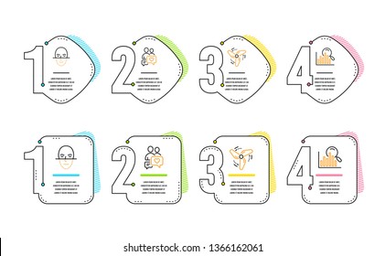 Wind energy, Dating chat and Face recognition icons simple set. Search sign. Ventilator, People love, Faces biometrics. Analytics. Infographic timeline. Line wind energy icon. 4 options or steps