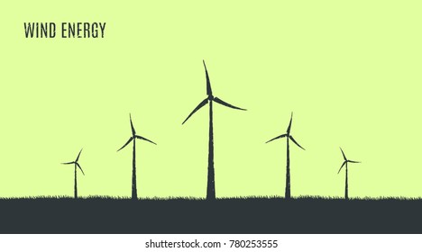 Wind energy, ecology, windmills. Vector flat concept illustration, hand drawn sketch.