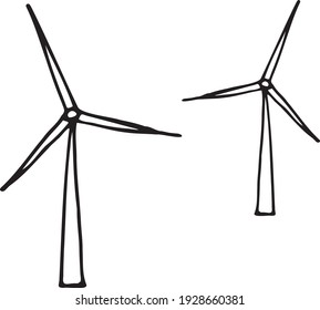 Wind energy, wind farms. Icon isolated on a white background. Vector simple illustration in the doodle style. Eco icon