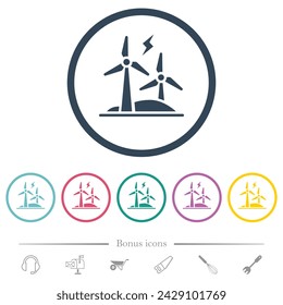 Wind energy flat color icons in round outlines. 6 bonus icons included.