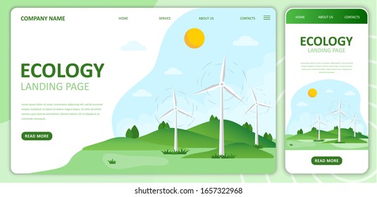 Wind energy. Flat ecology landing page template.