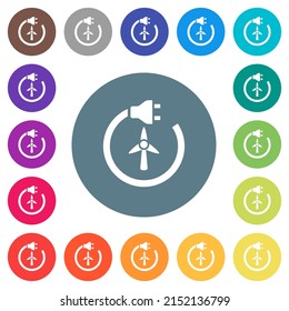 Wind energy flat white icons on round color backgrounds. 17 background color variations are included.