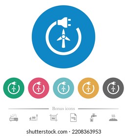 Wind energy flat white icons on round color backgrounds. 6 bonus icons included.