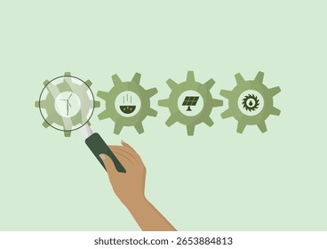 Wind Energy Focus Renewable Power Source Analysis. Hand with magnifying glass highlighting wind energy among renewable sources. Wind energy concept. Green energy. Flat style. Vector illustration