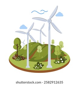 Wind energy is generated from wind turbines. The turbines are turning, harnessing natural resources to produce clean renewable energy, symbolizing sustainability and eco-friendly technology.