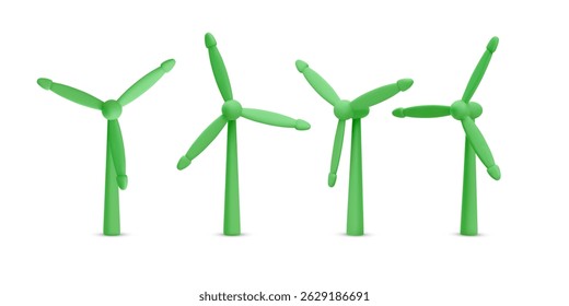 Wind Energy, Green Power, Eco Friendly Technology And Renewable Resources Concept With 3D Wind Turbines In Minimal Style. Clean Electricity Source. Vector Illustration