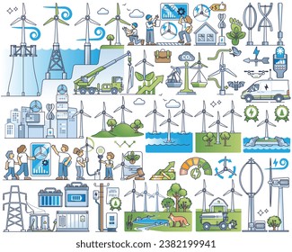 Wind energy as green, sustainable electricity production outline collection. Elements set with eco infrastructure, modern offshore stations and environmental power engineering vector illustration.