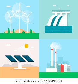Wind energy, hydroelectric power, solar energy, earth heat, plant. Flat design vector illustration.