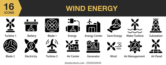 Wind Energy icon set. Includes air center, management, panel, battery, blade, electricity, and More. Solid icons vector collection.