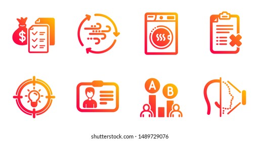 Wind energy, Idea and Identification card line icons set. Accounting wealth, Dryer machine and Reject checklist signs. Ab testing, Face id symbols. Breeze power, Solution. Technology set. Vector