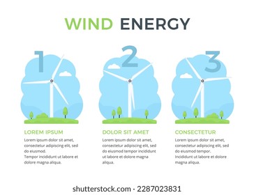 Plantilla infográfica de energía eólica: tres molinos de viento con lugar para su texto, concepto de energía renovable verde, ilustración de vector eps10