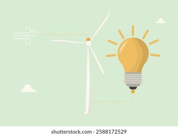 Wind Energy Innovation With Turbine Lightbulb. Clean energy illustration showing wind turbine connected to glowing lightbulb, representing renewable power and innovative solutions. Vector illustration