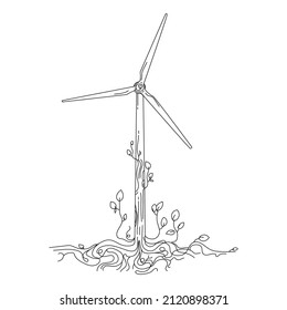 Wind energy in line drawing style.Wind turbine entwined with tree branches creative logo.Renewable energy concept.Black linear design isolated on white background