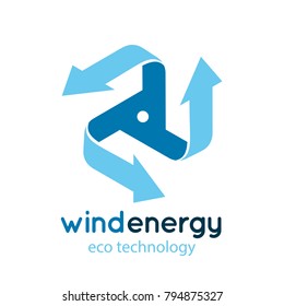 Wind energy logo concept. Blue swirl isometric arrows vector illustration