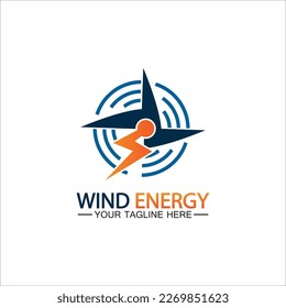 Wind energy logo. renewable energy icon with wind turbines and thunder bolt isolated on white background