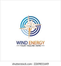 Wind energy logo. renewable energy icon with wind turbines and thunder bolt isolated on white background
