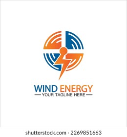 Wind energy logo. renewable energy icon with wind turbines and thunder bolt isolated on white background