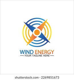 Wind energy logo. renewable energy icon with wind turbines and thunder bolt isolated on white background