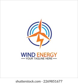 Wind energy logo. renewable energy icon with wind turbines and thunder bolt isolated on white background