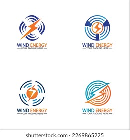 Wind energy logo. renewable energy icon with wind turbines and thunder bolt isolated on white background