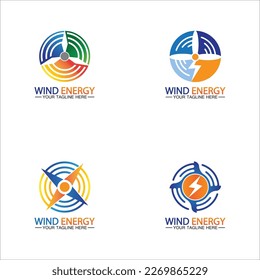 Wind energy logo. renewable energy icon with wind turbines and thunder bolt isolated on white background