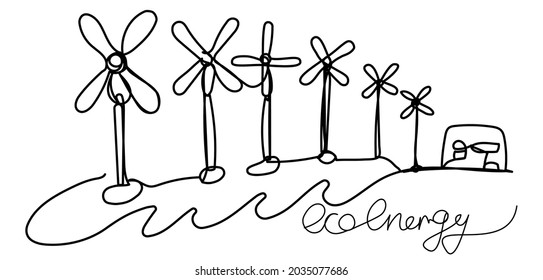 Wind Energy In One Line Drawing On A White Background. Ecological Energy. Stock Vector Illustration For Web, Banner, Booklet, Labels, Posters.