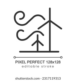 Windenergie Pixel perfekt lineares Symbol. Erneuerbare Energiequellen. Umweltfreundliche Industrie. Dünne Illustration. Contour-Symbol. Vektorgrafik-Zeichnung. Bearbeitbarer Strich. Poppins Schriftart verwendet