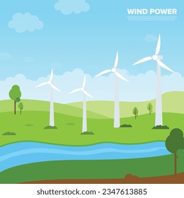 Wind energy, wind power electricity generator natural energy green energy illustration 