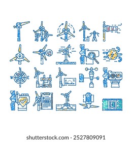 wind energy power turbine doodle icons set vector. sketch line art farm renewable, sustainable industry, electric generator, green environment, mill wind energy power turbine color illustrations