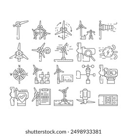 wind energy power turbine icons set vector. farm renewable, sustainable industry, electric generator, green environment, mill wind energy power turbine black contour illustrations