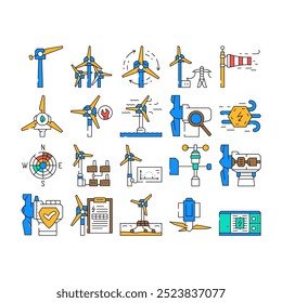 wind energy power turbine icons set vector. farm renewable, sustainable industry, electric generator, green environment, mill wind energy power turbine color Contour Illustrations