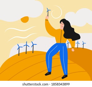 Wind energy or power vector illustration with woman holding wind turbines to turn electric generators for electrical power. With fields background.  Energy saving concept. Ecology and environment 