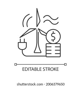 Wind energy price linear icon. Windmill for generating alternative renewable power. Thin line customizable illustration. Contour symbol. Vector isolated outline drawing. Editable stroke