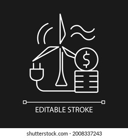 Wind energy price white linear icon for dark theme. Sustainable resource cost. Price for energy. Thin line customizable illustration. Isolated vector contour symbol for night mode. Editable stroke