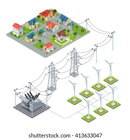 Wind energy propeller green village power supply cycle infographics concept. Flat 3d isometry isometric style web site vector illustration. Ecology eco power lifestyle sustainable world collection