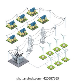 Wind energy propeller green village power supply cycle infographics concept. Flat 3d isometry isometric style web site vector illustration. Ecology eco power lifestyle sustainable world collection