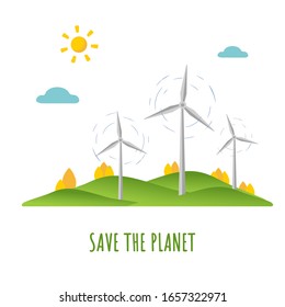 Wind energy. Save planet. Flat design ecology concept with natural elements. Mother earth day.