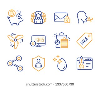 Wind energy, Secure mail and Bitcoin coin icons simple set. Seo, Women group and Security signs. Breathing exercise, Water drop and Share symbols. Line wind energy icon. Colorful set. Editable stroke