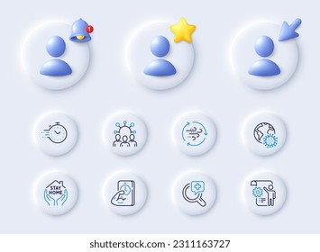 Wind energy, Settings blueprint and Stay home line icons. Placeholder with 3d cursor, bell, star. Pack of Medical analyzes, Squad, Coronavirus pandemic icon. Timer, Fitness pictogram. Vector