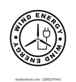 Wind energy stamp, wind power plug icon, wind turbine symbol, windmill silhouette, black isolated on white background, vector illustration.